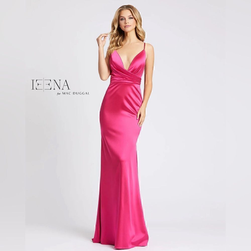 NWT PLUNGING FAUX WRAP SLEEVELESS EVENING GOWN “Fuschia” Size 6